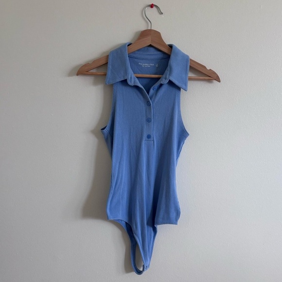 New Abercrombie & Fitch Womans Small Soft A&F Ribbed Polo Bodysuit Blue - Picture 2 of 5